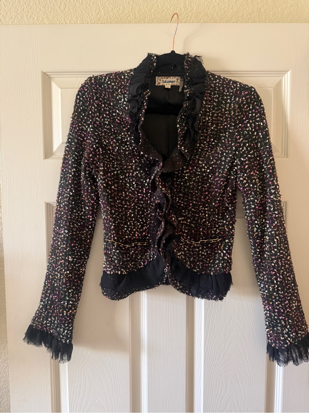 Lulumari Tweed Ruffle Blazer Jacket Black Pink Gold Size S